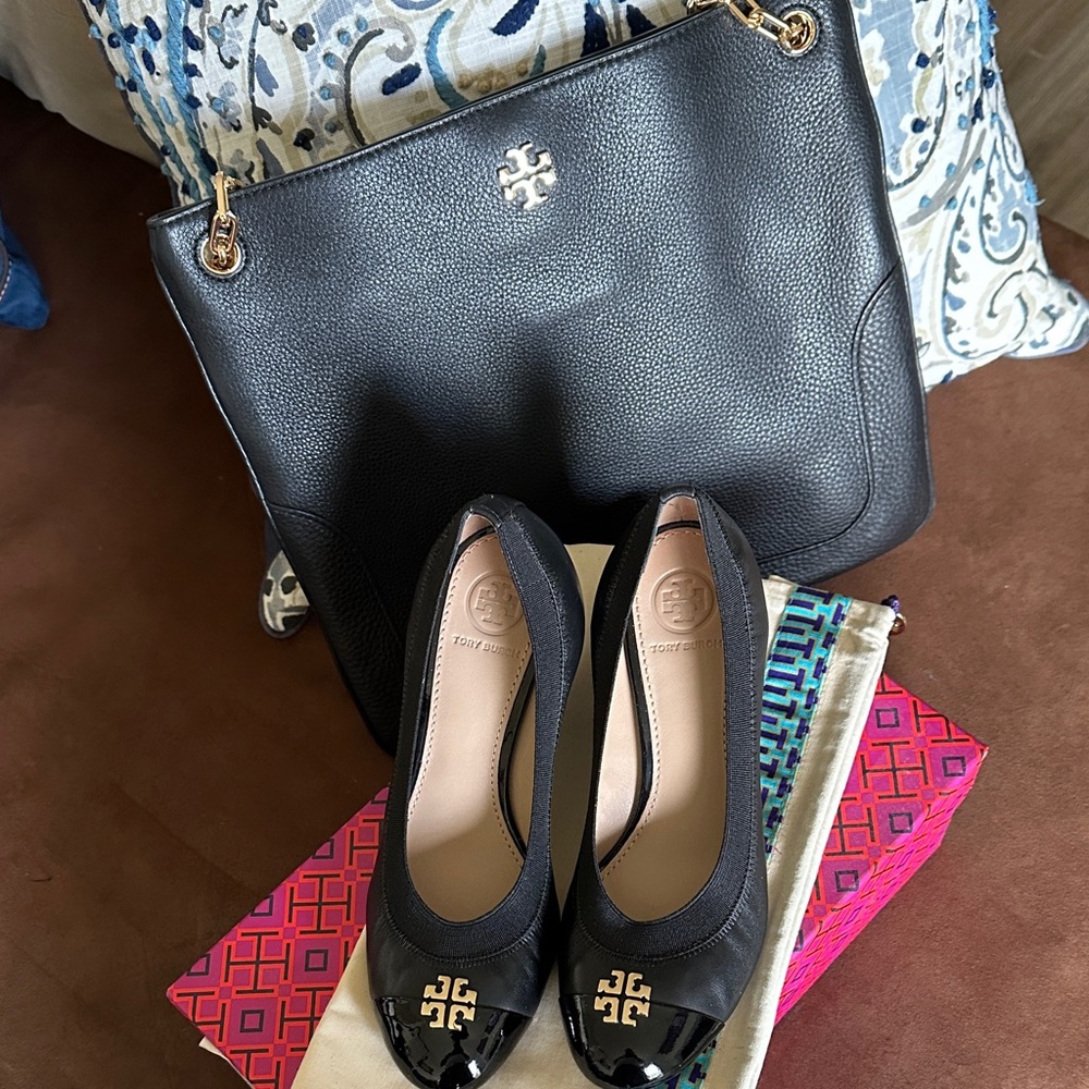 Tory Burch Black Wedges with Gold Accents. Jolie Leather/Patent Leather